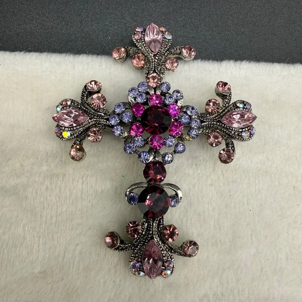 Rhinestone Cross Brooch Silver Tone Purple Pink Pendant Bale